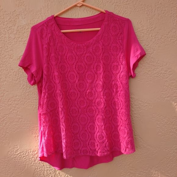 Pink Croft&Barrow Short Sleeves Blouse Medium Size Round Neck with Lace Front - Picture 10 of 13